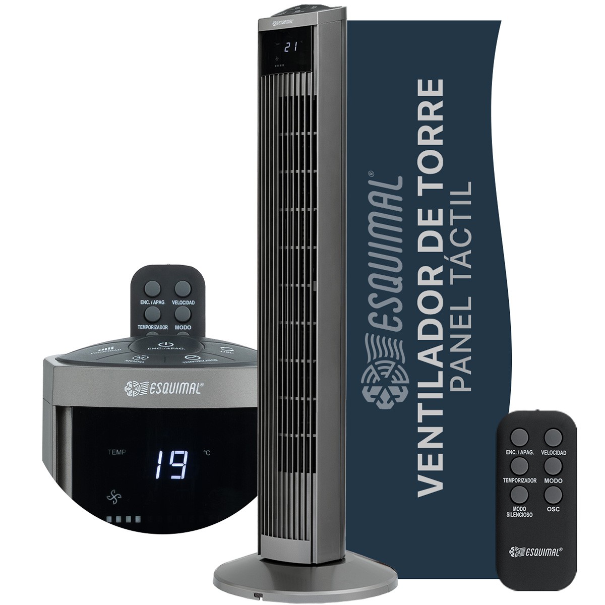 Ventilador de Torre 95 cm Silencioso Abanico Port&aacute;til Giratorio para Piso con Temporizador y Control Titanio ESQUIMAL image number null