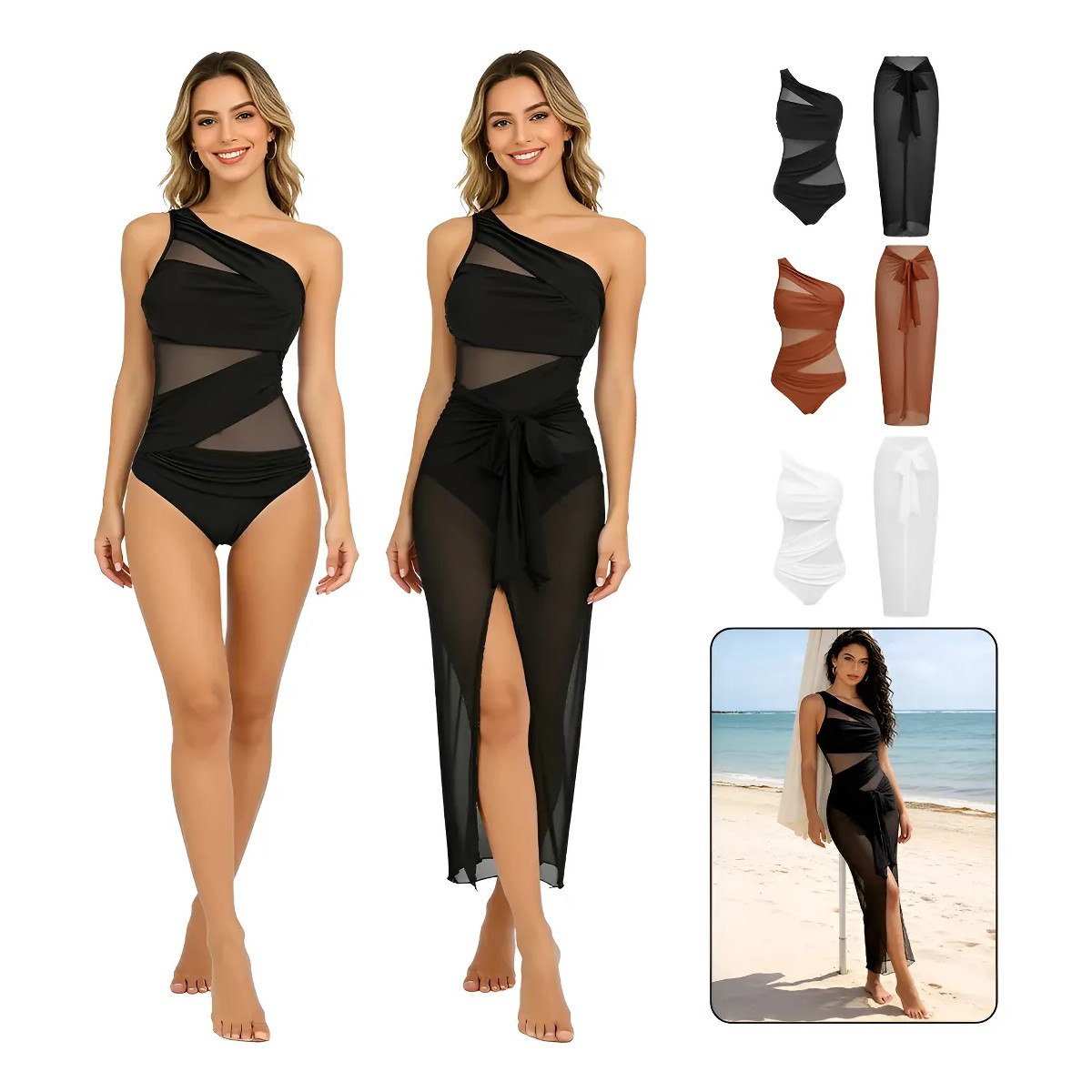 Traje De Ba&ntilde;o Mesh Sexy De Color S&oacute;lido Un Hombro Negro Talla M image number null