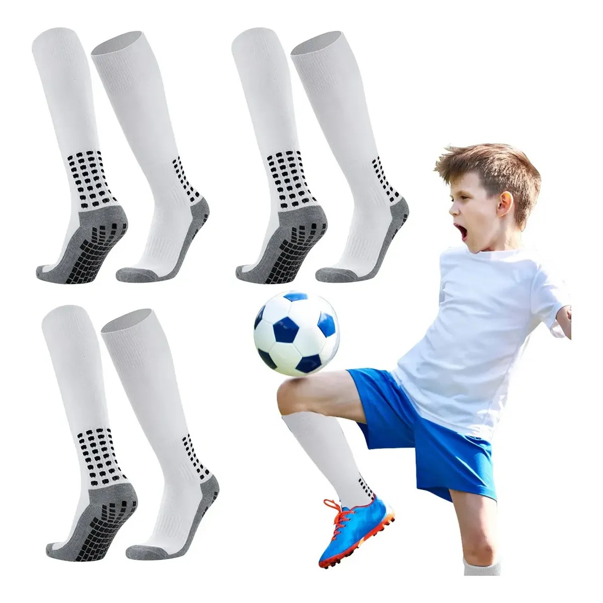 Calcetin Media Deportivos F&uacute;tbol Antideslizante Ni&ntilde;os 3 Pares Blanco image number null