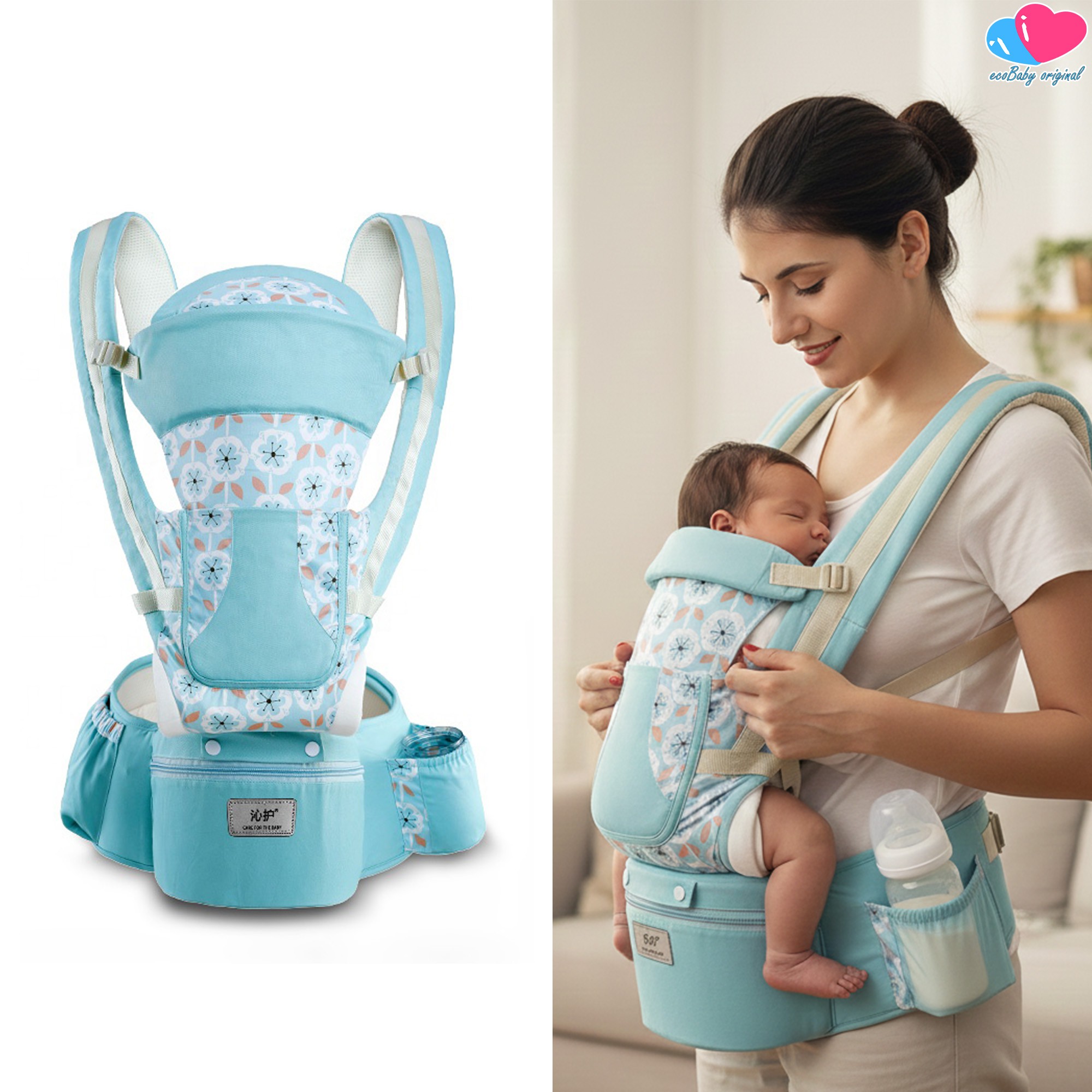 Canguro Ergon&oacute;mico para Beb&eacute; 100% Algod&oacute;n 15 Posiciones Turquesa Flores Ecobaby Original image number null