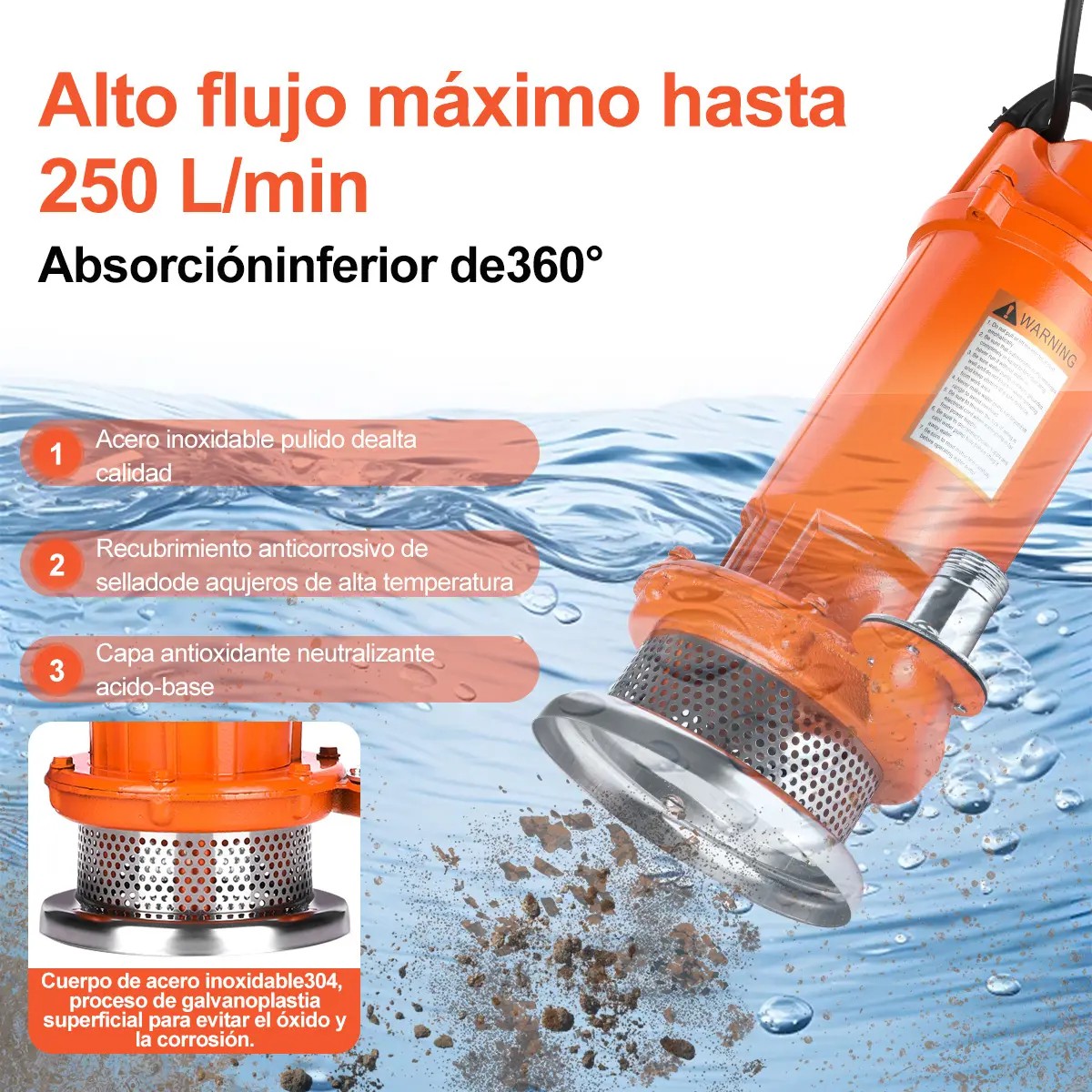 Bomba Sumergible Naranja 1.2HP 800W Agua Limpia/Sucia 250l/min 35m image number null