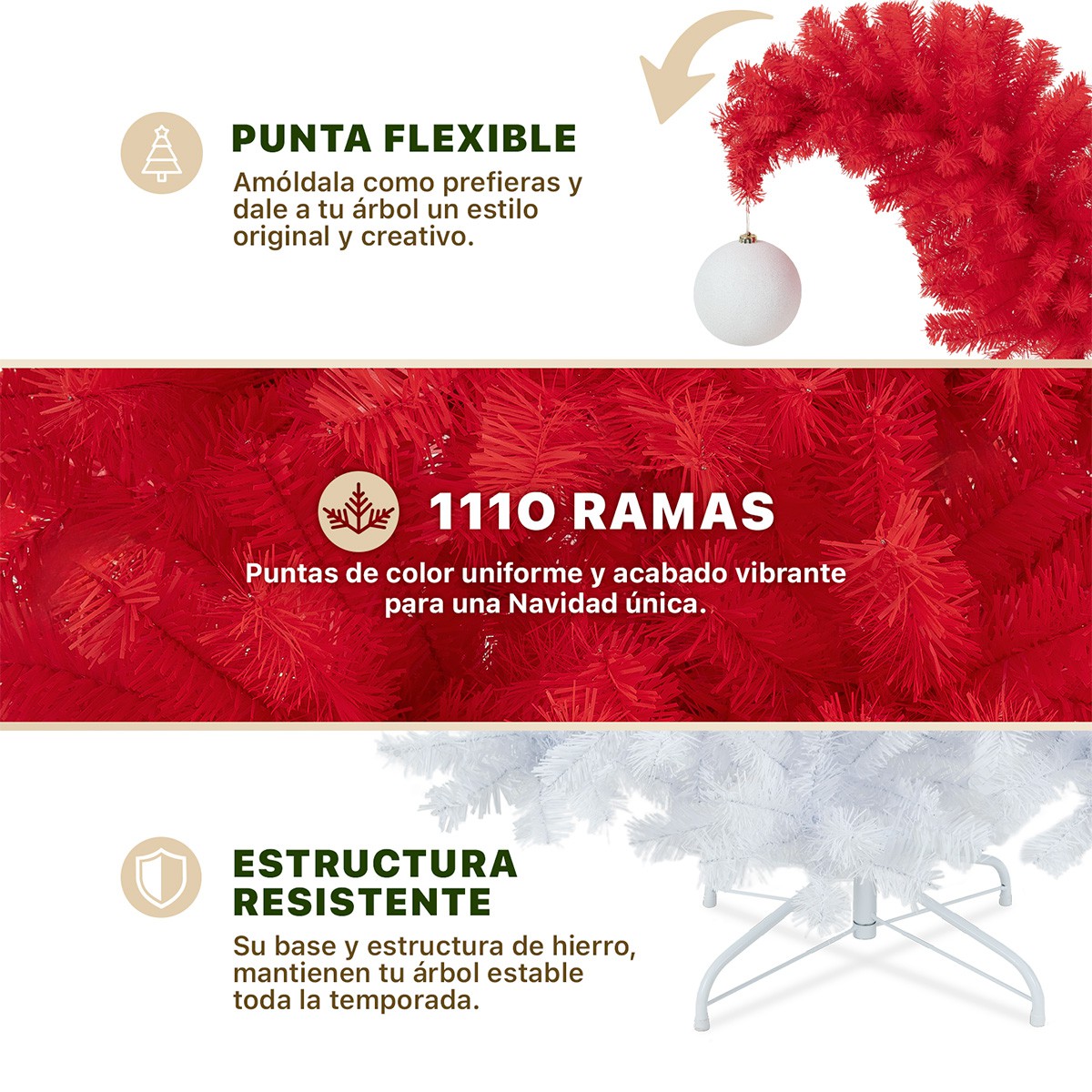 &Aacute;rbol de Navidad Gorro de Santa Punta Flexible con Esfera 1.8m 1110 Ramas para Temporada Navide&ntilde;a Rojo/Blanco ESQUIMAL image number null