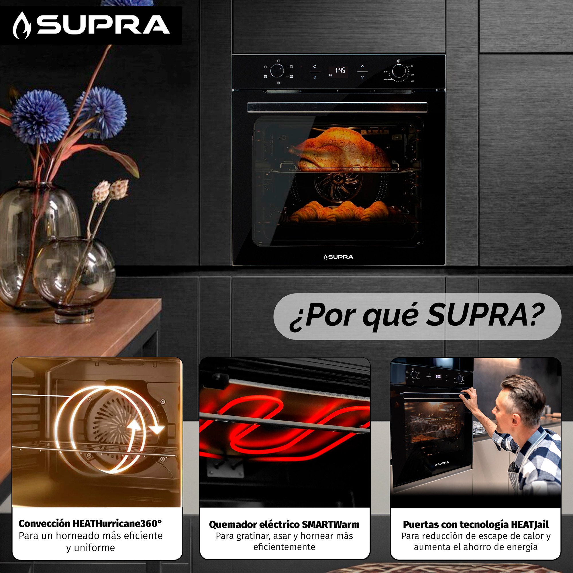 SUPRA Horno El&eacute;ctrico Empotrable Cristal Negro 60 cm POMELO image number null