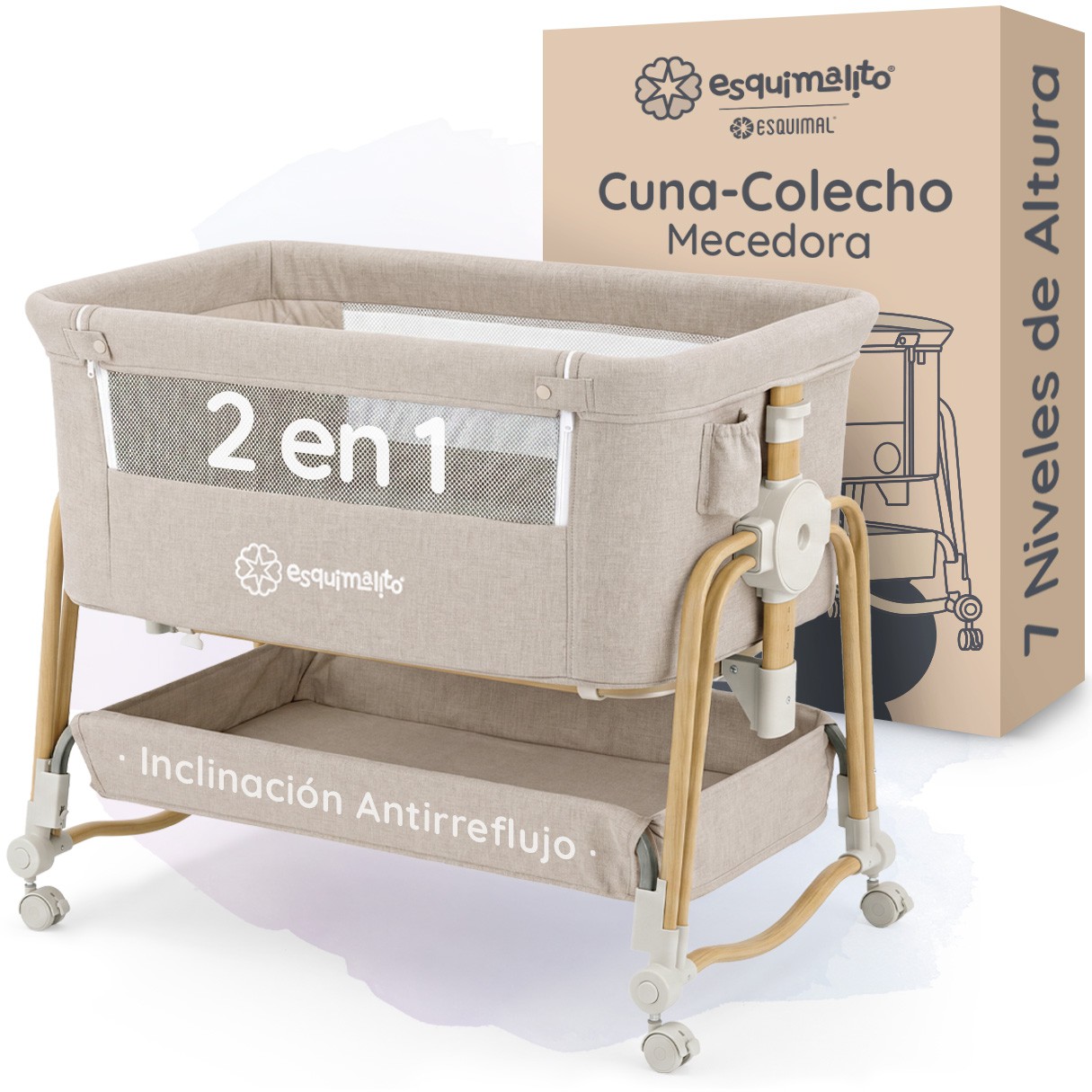 Cuna Colecho para Beb&eacute; 2 en 1 Port&aacute;til, 7 Alturas,6 Niveles de Inclinaci&oacute;n con Cesta de Almacenamiento (Arena). ESQUIMAL image number null
