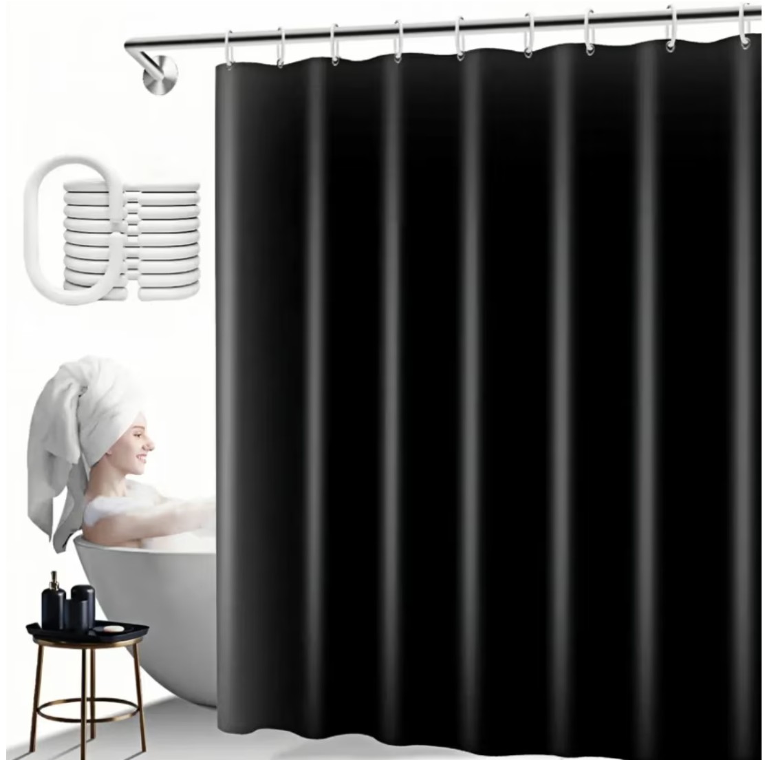 Cortina De Ducha Con Ganchos 180x180cm Impermeable Modelo Negro image number null