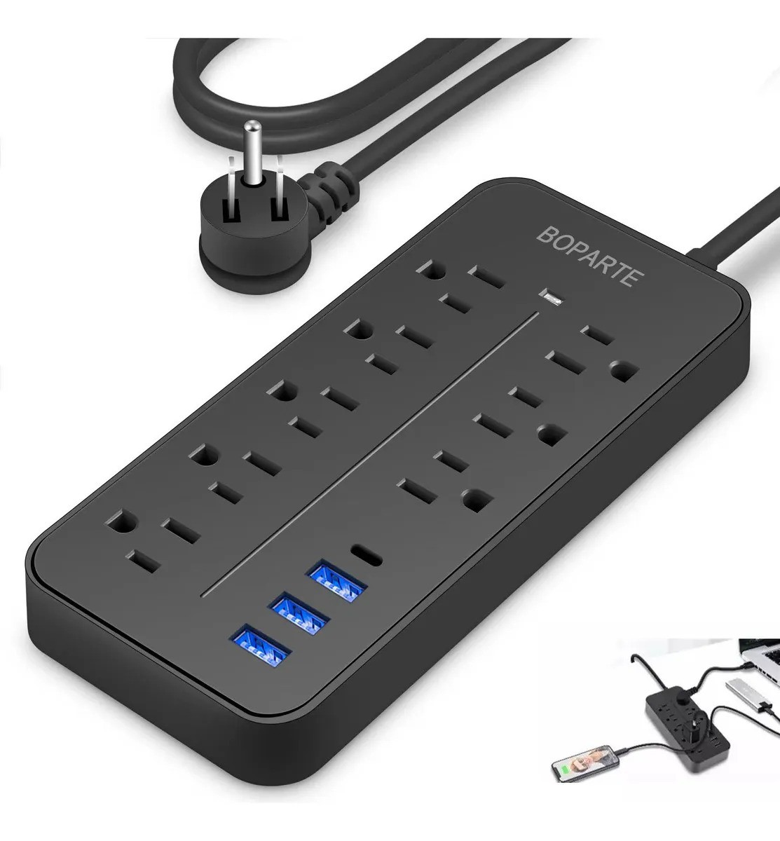 Boparte EL08 Multicontacto de 8 tomas con usb color negro largo del cable de 1.2m 10A image number null