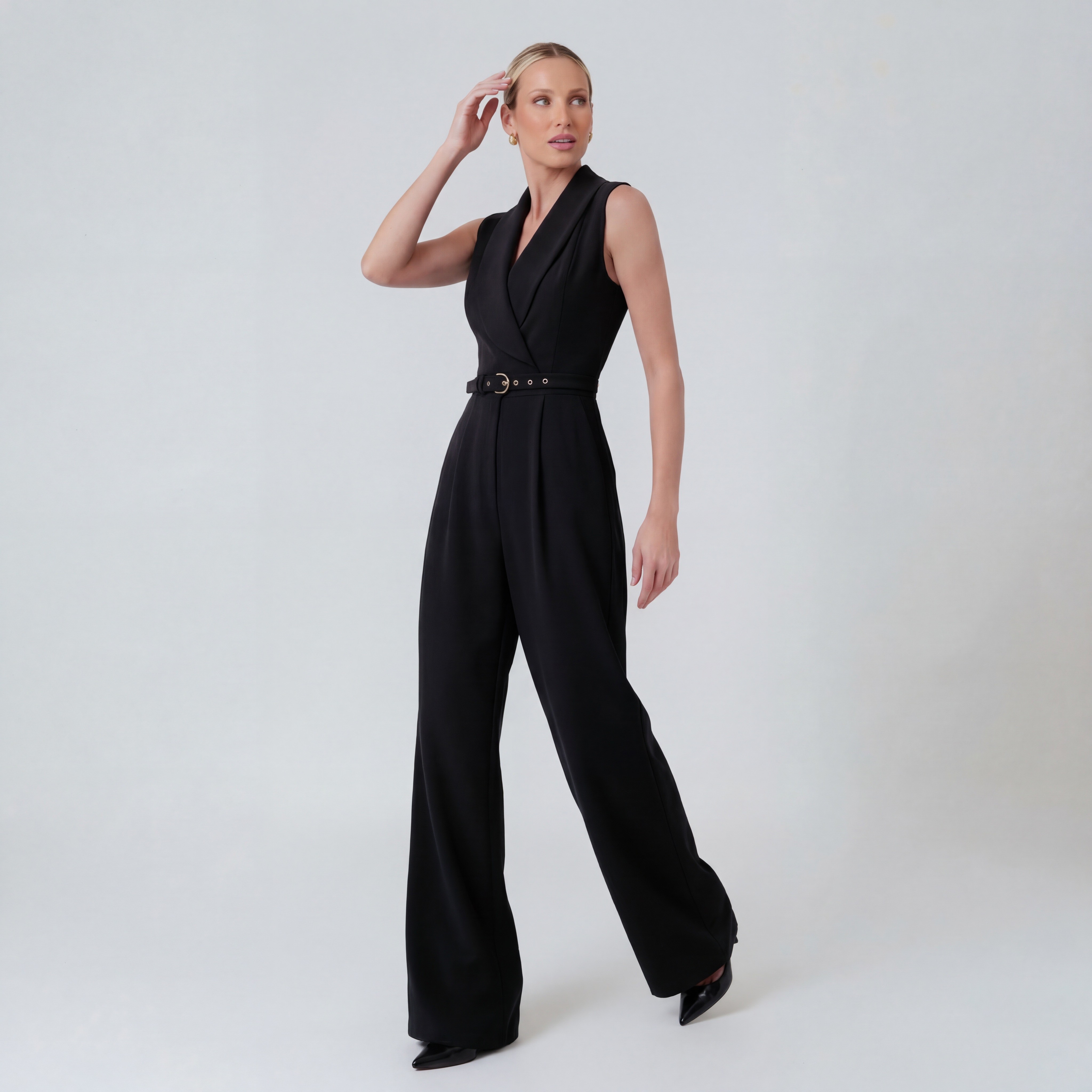 Jumpsuit palazzo Xally 26101 mujer sin mangas, escote V cruzado, cintura marcada con cintur&oacute;n y pierna extra ancha image number null