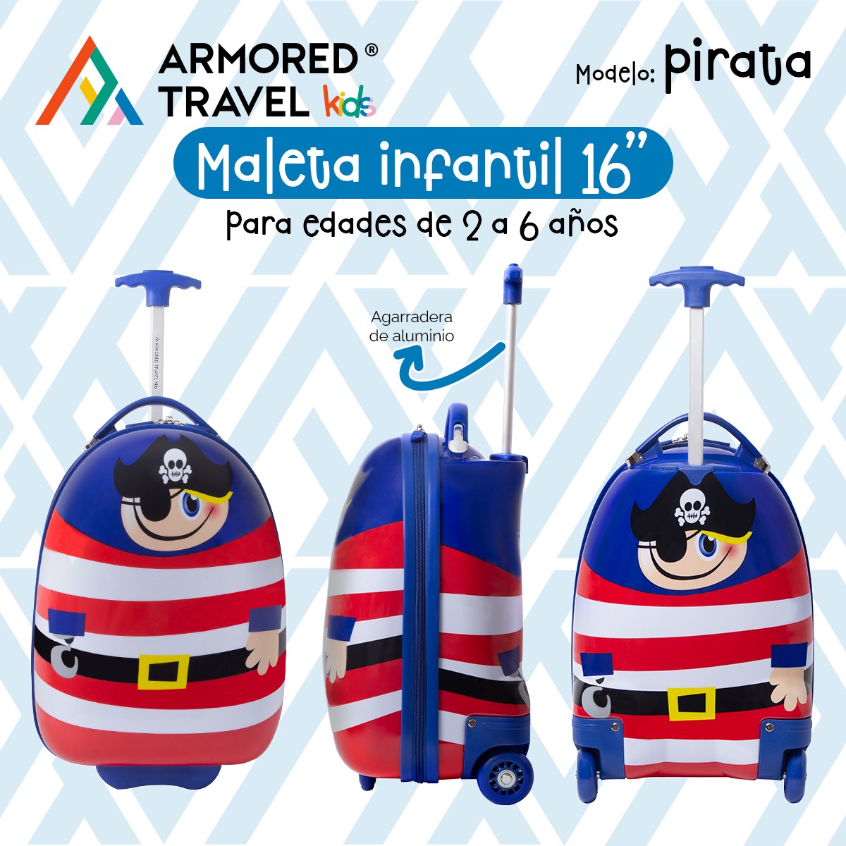 Maleta de viaje ni&ntilde;as ni&ntilde;os carry-on mochila r&iacute;gida infantil con ruedas 16 k&iacute;nder Preescolar usos m&uacute;ltiples Edades 2 a 6 a&ntilde;os Armored kids Pirata. image number null