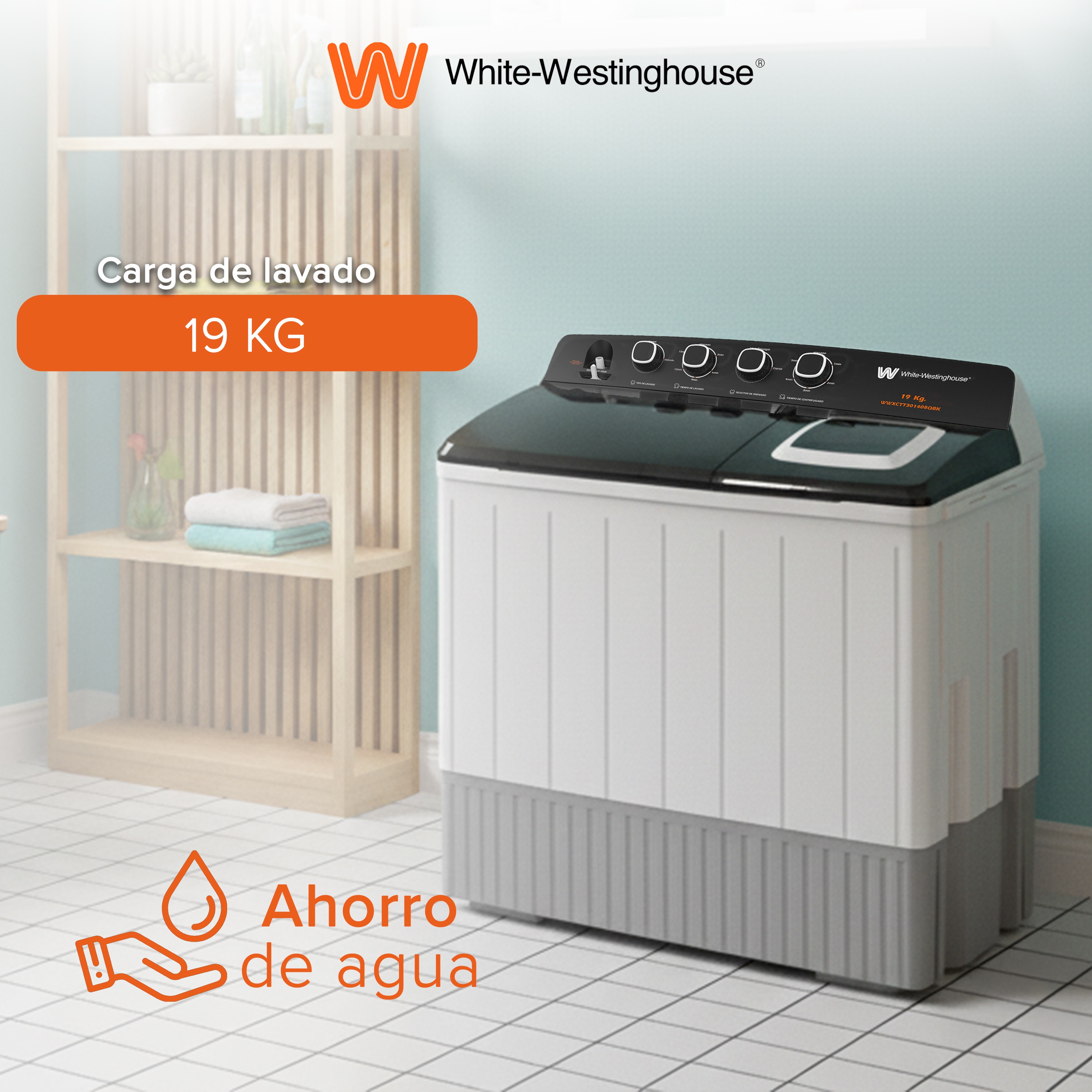 Lavadora doble tina | 19 kg White Westinghouse 4 niveles de agua 4 perillas de control Bajo consumo de energ&iacute;a image number null