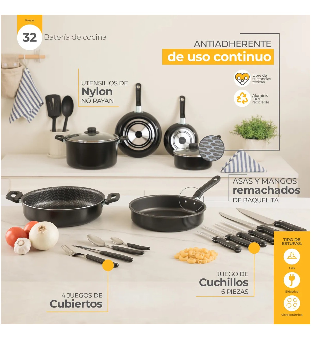 Bater&iacute;a De Cocina Con Antiadherente Malubero 32 Piezas Aluminio image number null