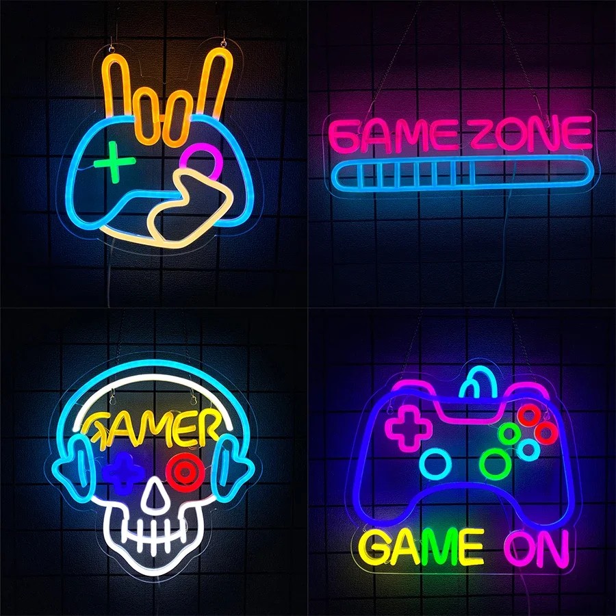 Letrero Ne&oacute;n LED Gamer Multicolor USB Game On Skull Gamepad Gaming Zone Pared Dormitorio Sala Juegos Regalo Gamer image number null
