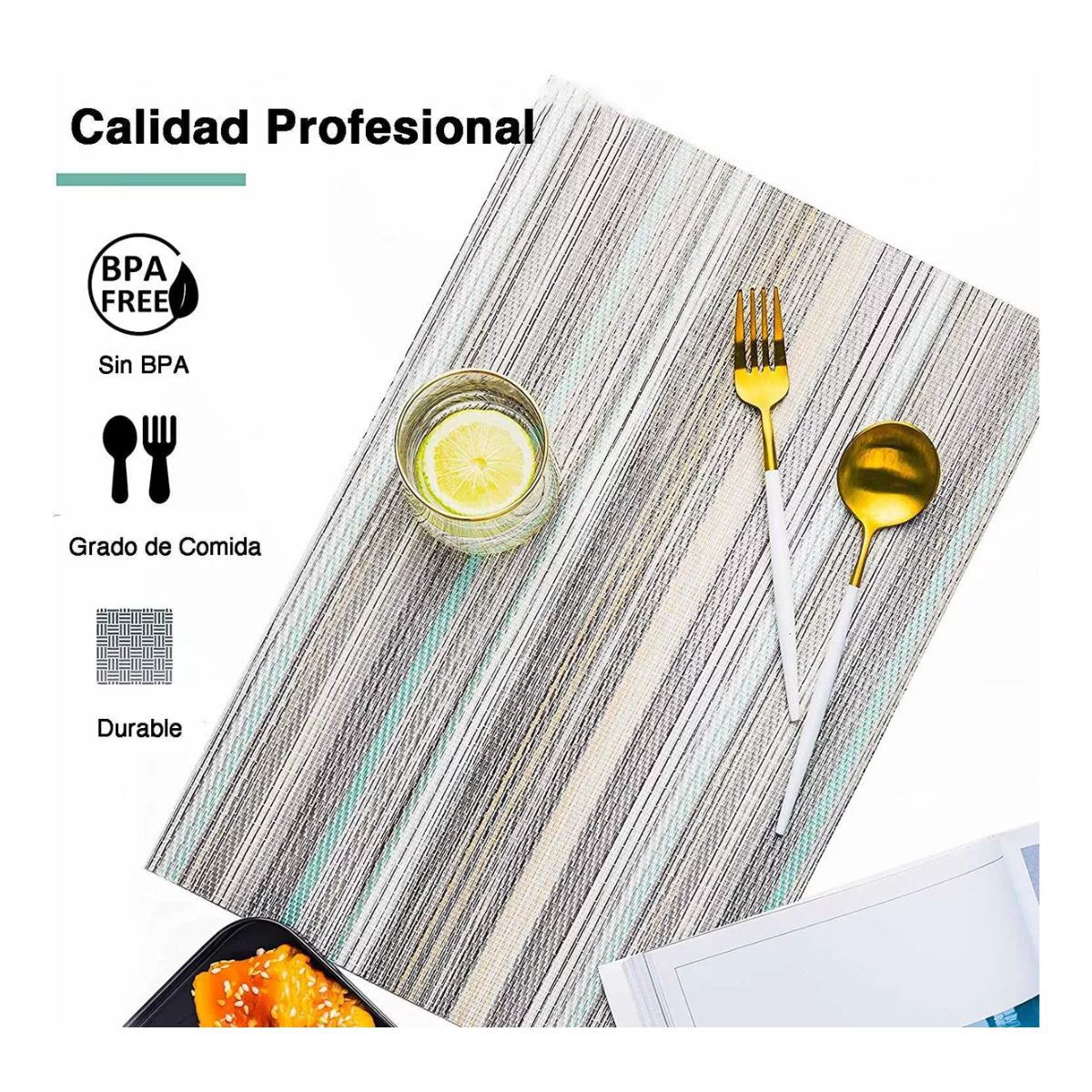 8pcs Juego De Manteles Individuales Antideslizante A Rayas Azul claro image number null