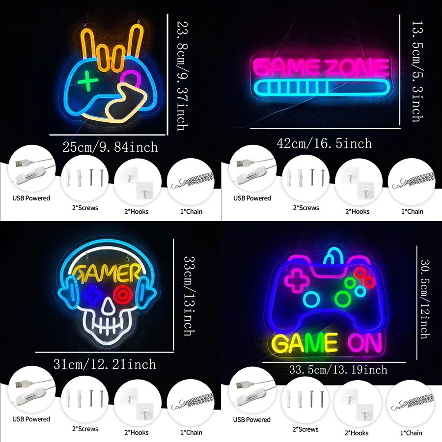 Letrero Ne&oacute;n LED Gamer Multicolor USB Game On Skull Gamepad Gaming Zone Pared Dormitorio Sala Juegos Regalo Gamer image number null