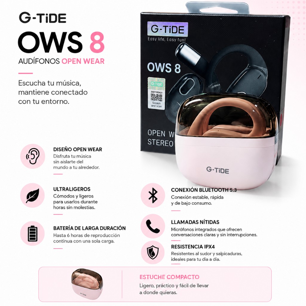SMARTWATCH FUTUREM DW01 (DORADO) + AUDIFONOS G-TIDE OWS 8 (ROSA) image number null