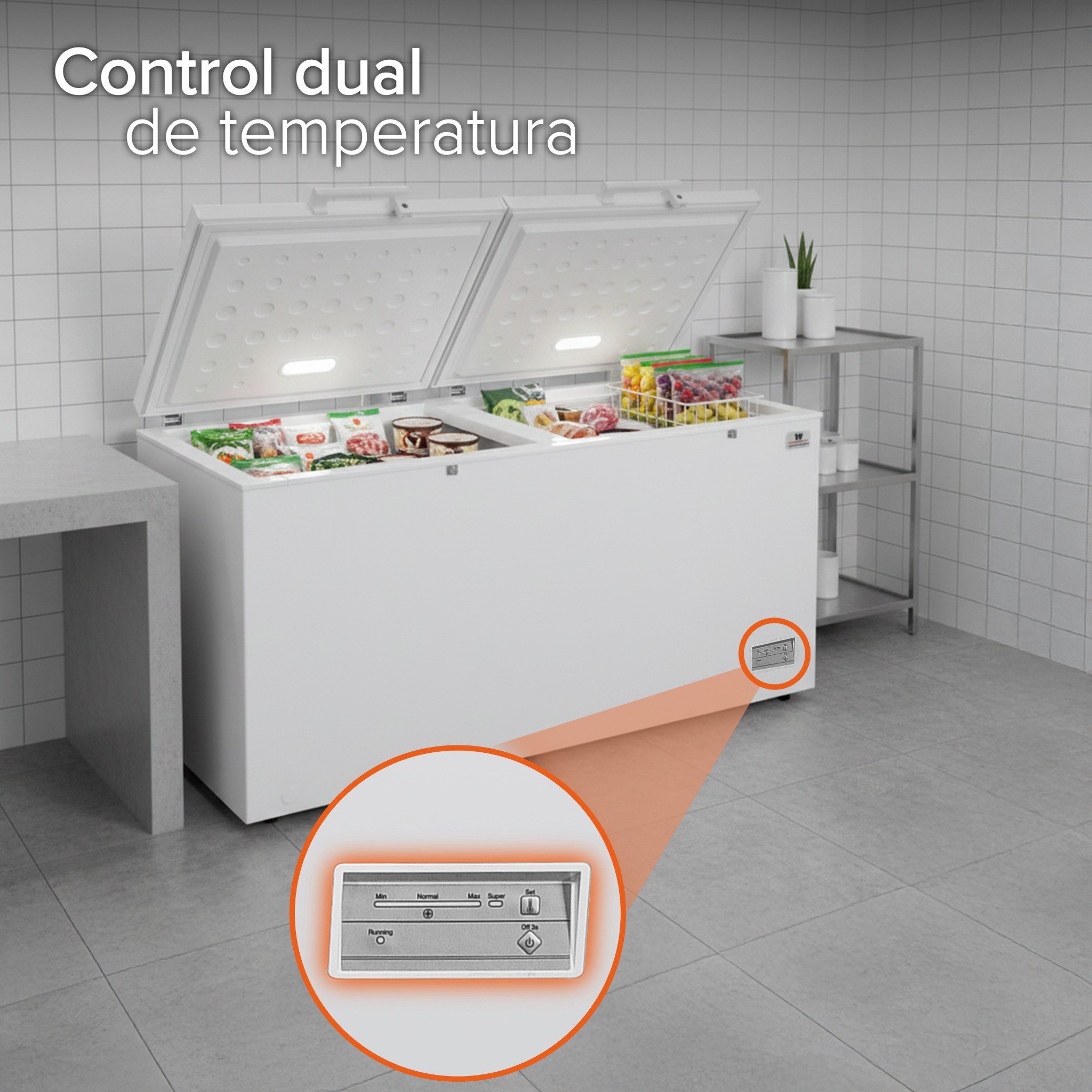 White Westinghouse Congelador 18 pies 508 L Acero blanco 2 puertas Cerradura con llave Luz interior Ruedas image number null