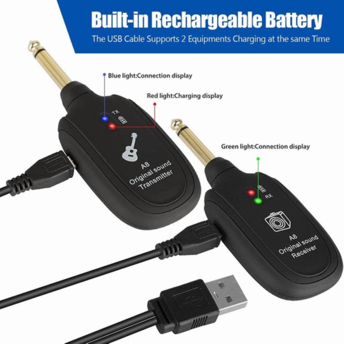 Sistema Transmisor Y Receptor Inalambrico Guitarra Uhf A8 Negro image number null