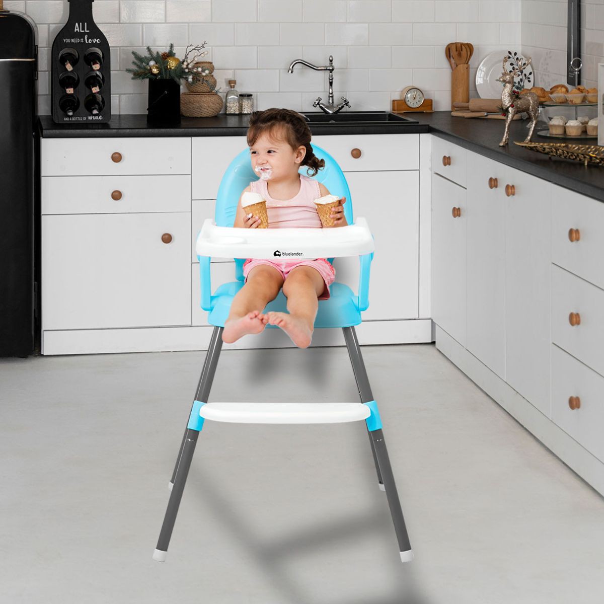 Silla para Beb&eacute; Desmontable con Cintur&oacute;n De Seguridad, Periquera y Charola,Patas Ajustable de Altura, Azul, Bluelander image number null