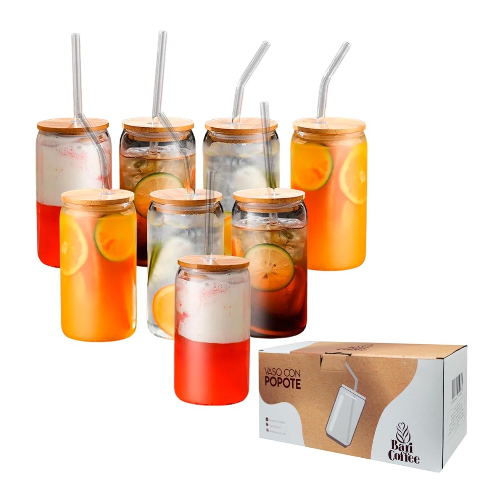 Juego de 8 Vasos de Cristal con Tapa de Bamb&uacute; 16 Oz (473.17 ml), Forma de Lata, Baricoffee image number null