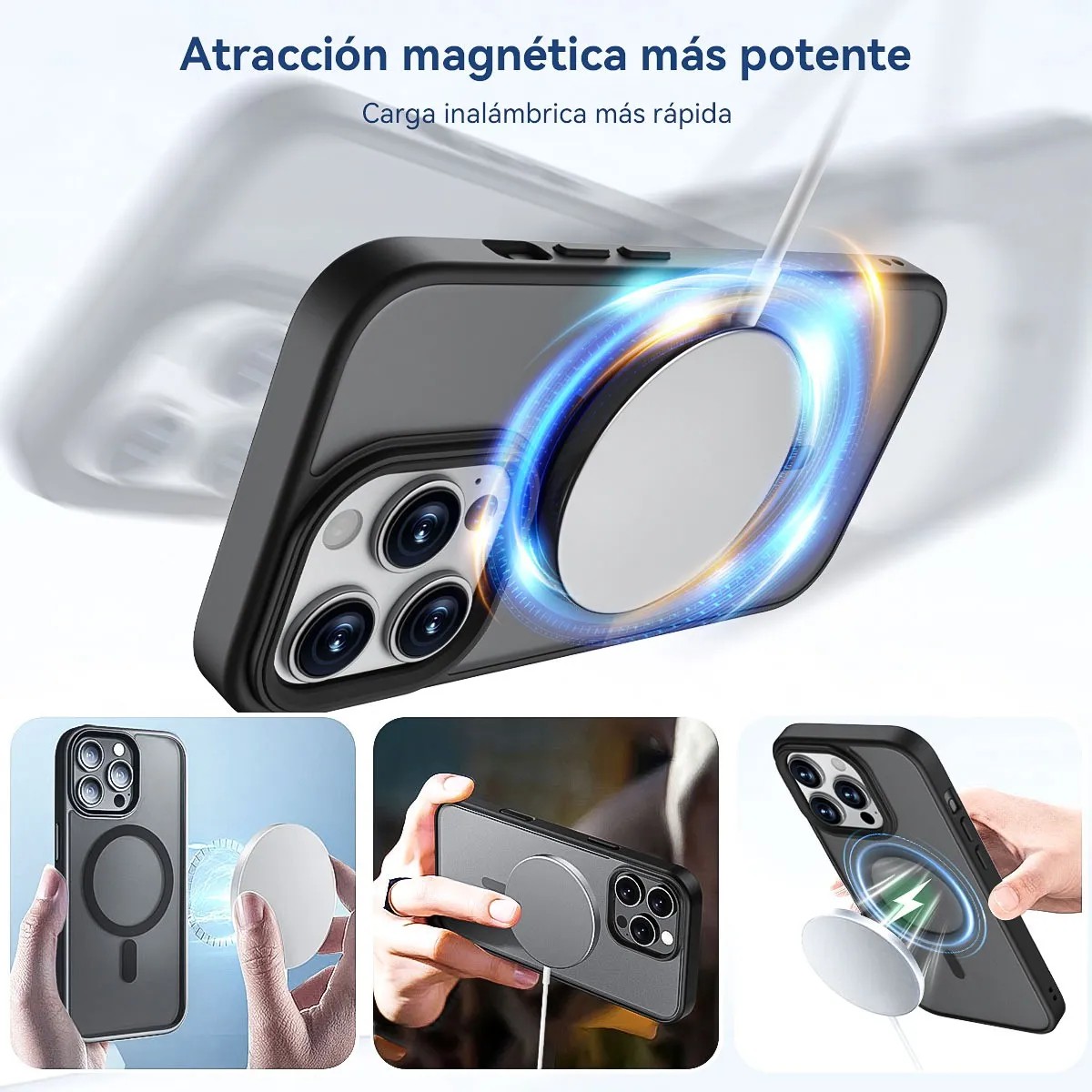 Funda Magsafe Para iPhone 13 Pro Max + Cargador Inal&aacute;mbrico 15w + Mica De Vidrio Negro image number null