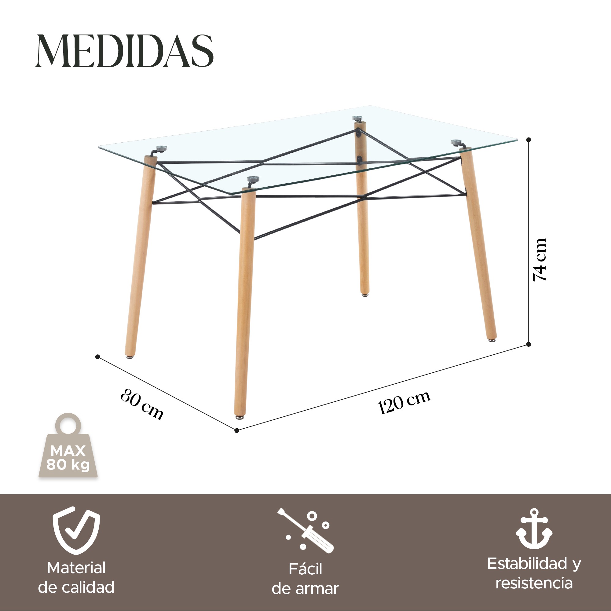 Mesa de Centro Elly Decor Rectangular Cristal Templado 15 Mm 4 Patas de Madera image number null