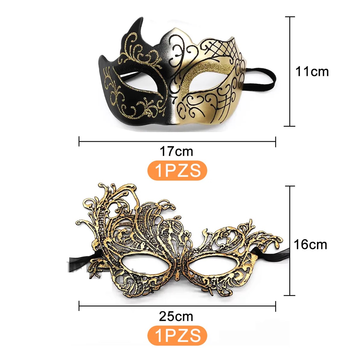 2 Antifaz Fiesta Mascaras Halloween Pareja Carnaval Dorado image number null