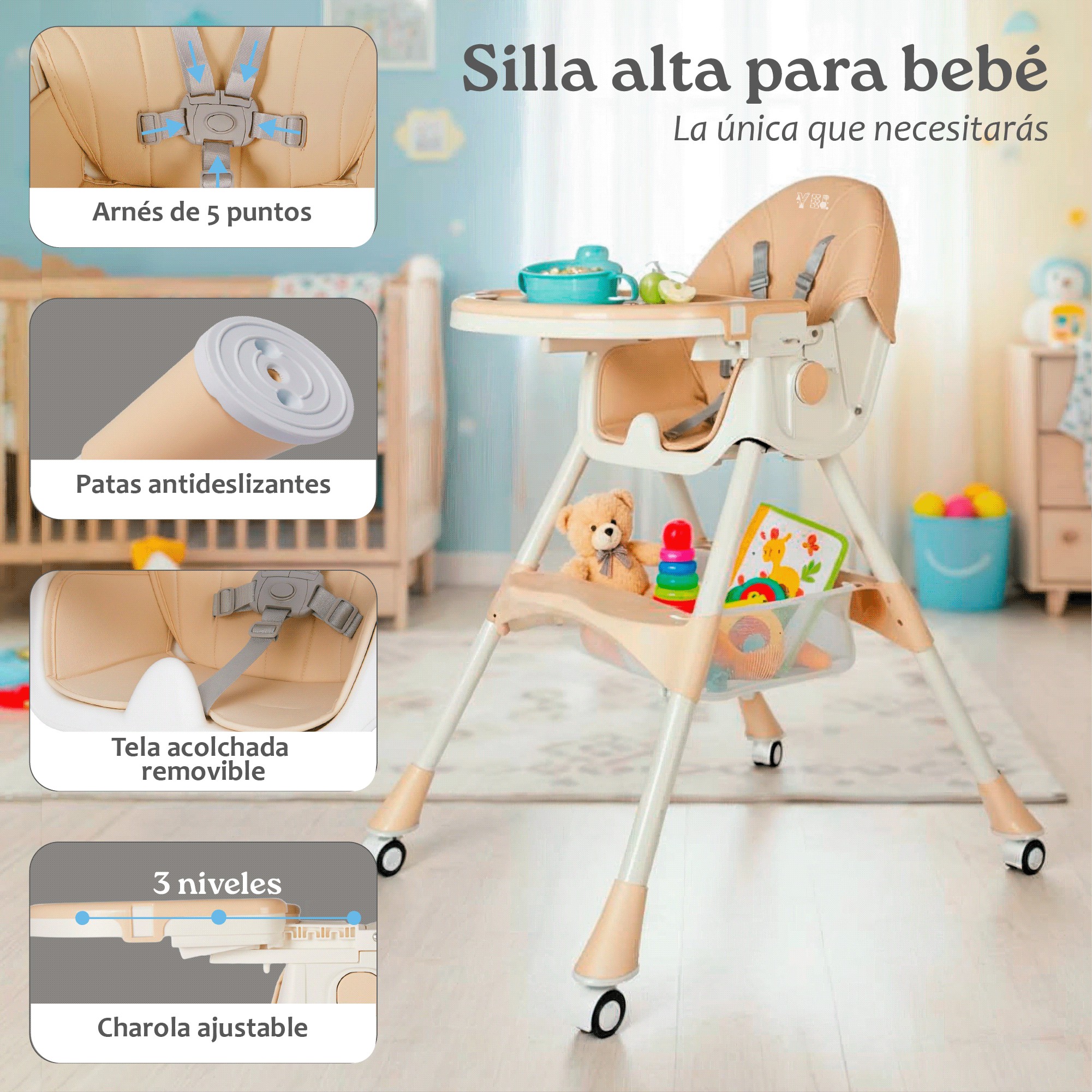 Silla Alta para Beb&eacute; YEI Caqui, 6 en 1, Plegable, 2 Alturas, 5 Puntos de Seguridad image number null