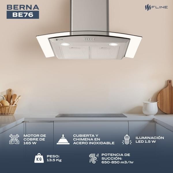 Campana extractora de cocina 76 cm de pared vidrio curvo Acero Inoxidable | 3 velocidades y control de boton| Berna 76| FLINE image number null