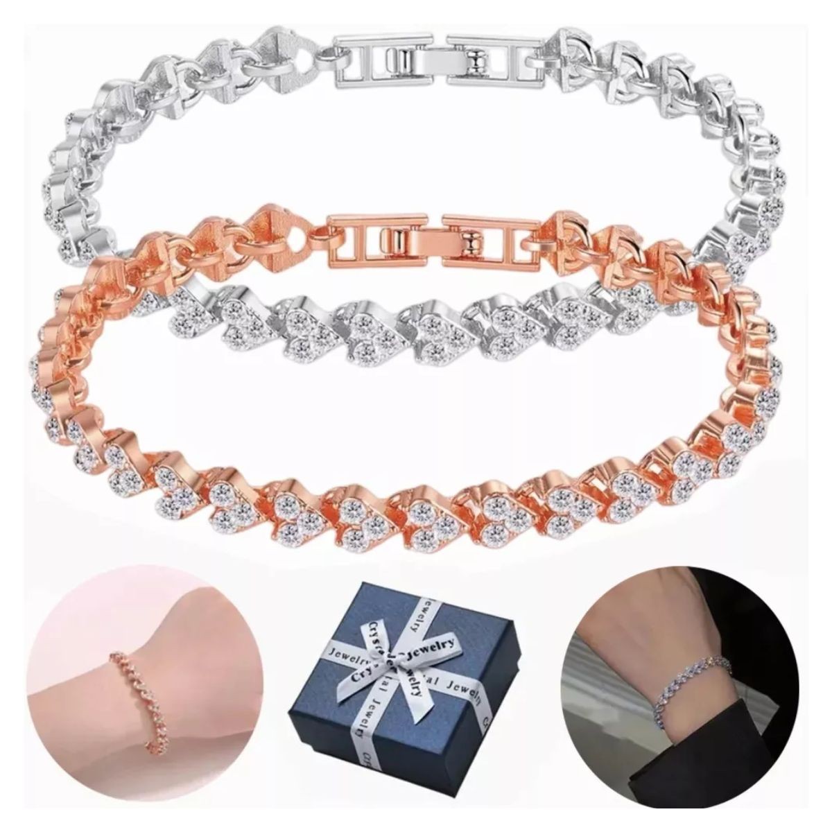 Pulsera De Cristal Para Mujer Plata Blanca Y Oro Rosa,2 Pzs image number null