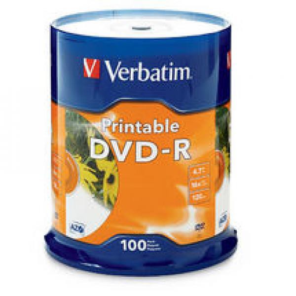 DVD-R Verbatim 4.7 GB 16X Blanco Ink Printable Spindle 100 Piezas image number null