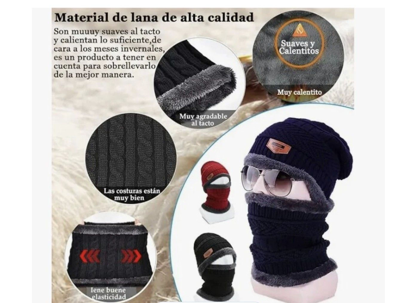 Gorro con Bufanda Tejido Lana 4 Piezas Modelo Azul image number null