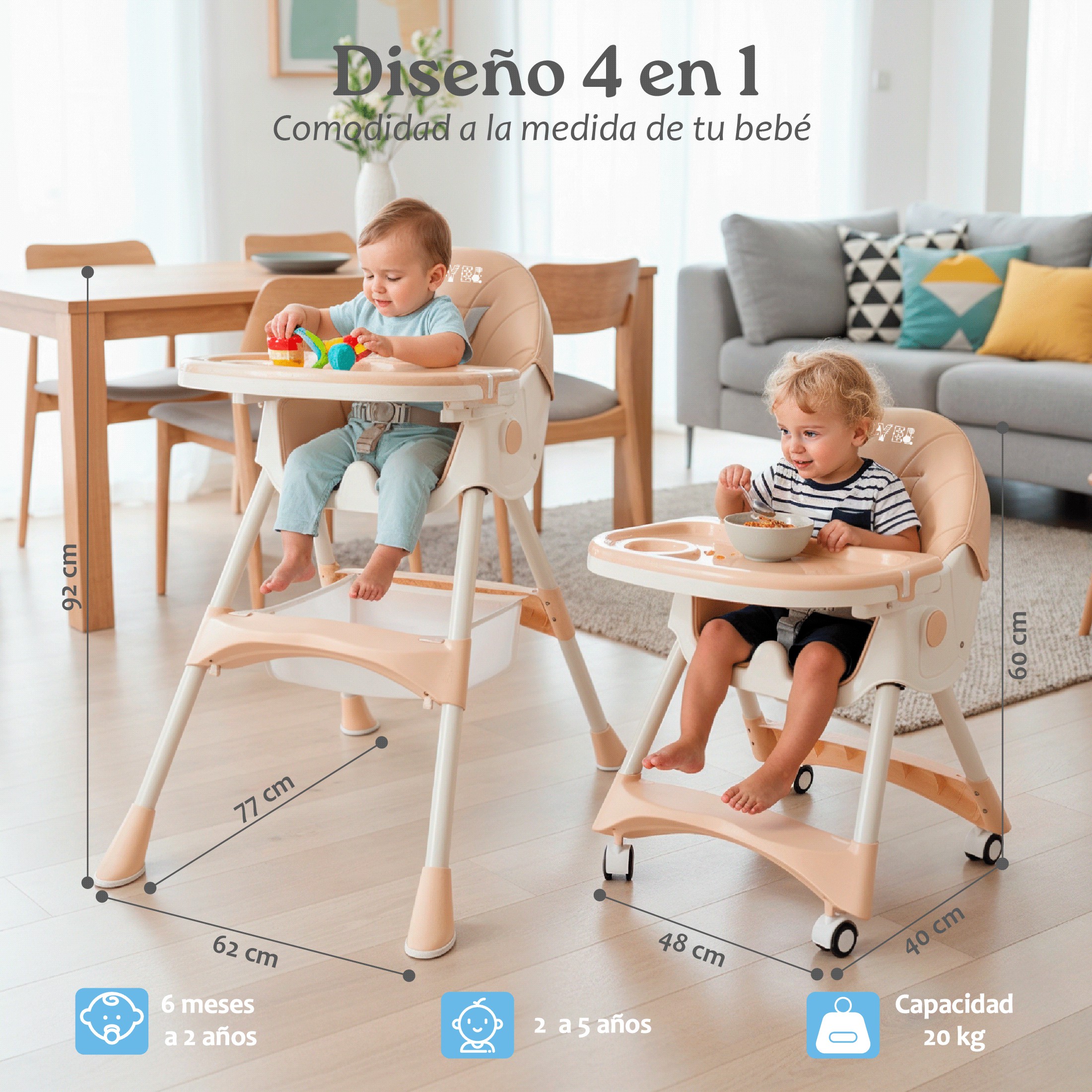 Silla Alta para Beb&eacute; YEI Caqui, 6 en 1, Plegable, 2 Alturas, 5 Puntos de Seguridad image number null