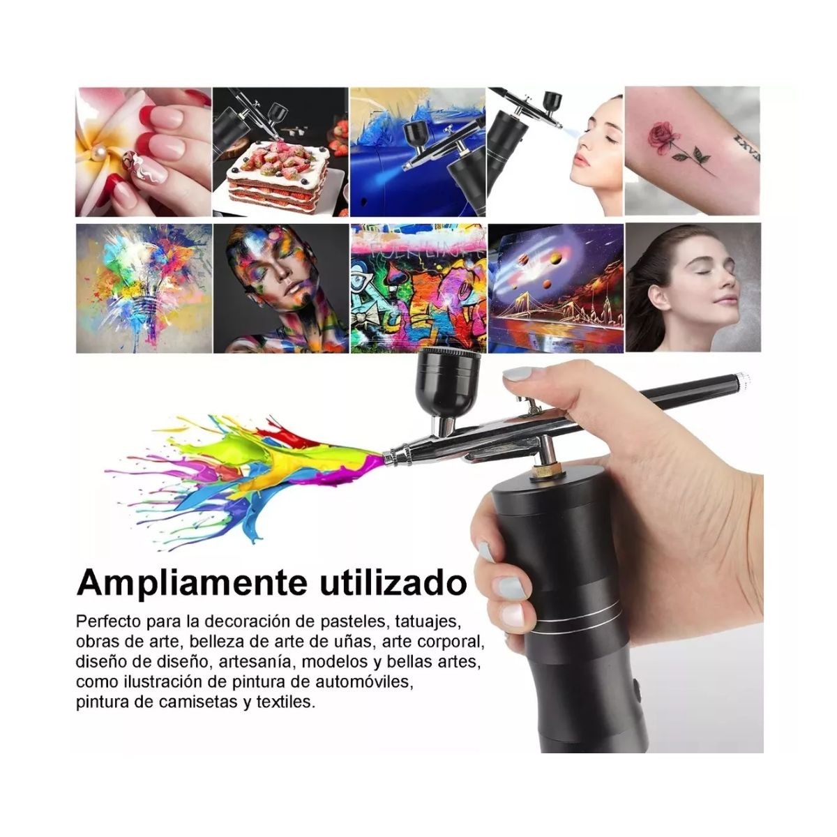 Kit De Aer&oacute;grafo Multiuso Con Compresor Inal&aacute;mbrico Negro image number null