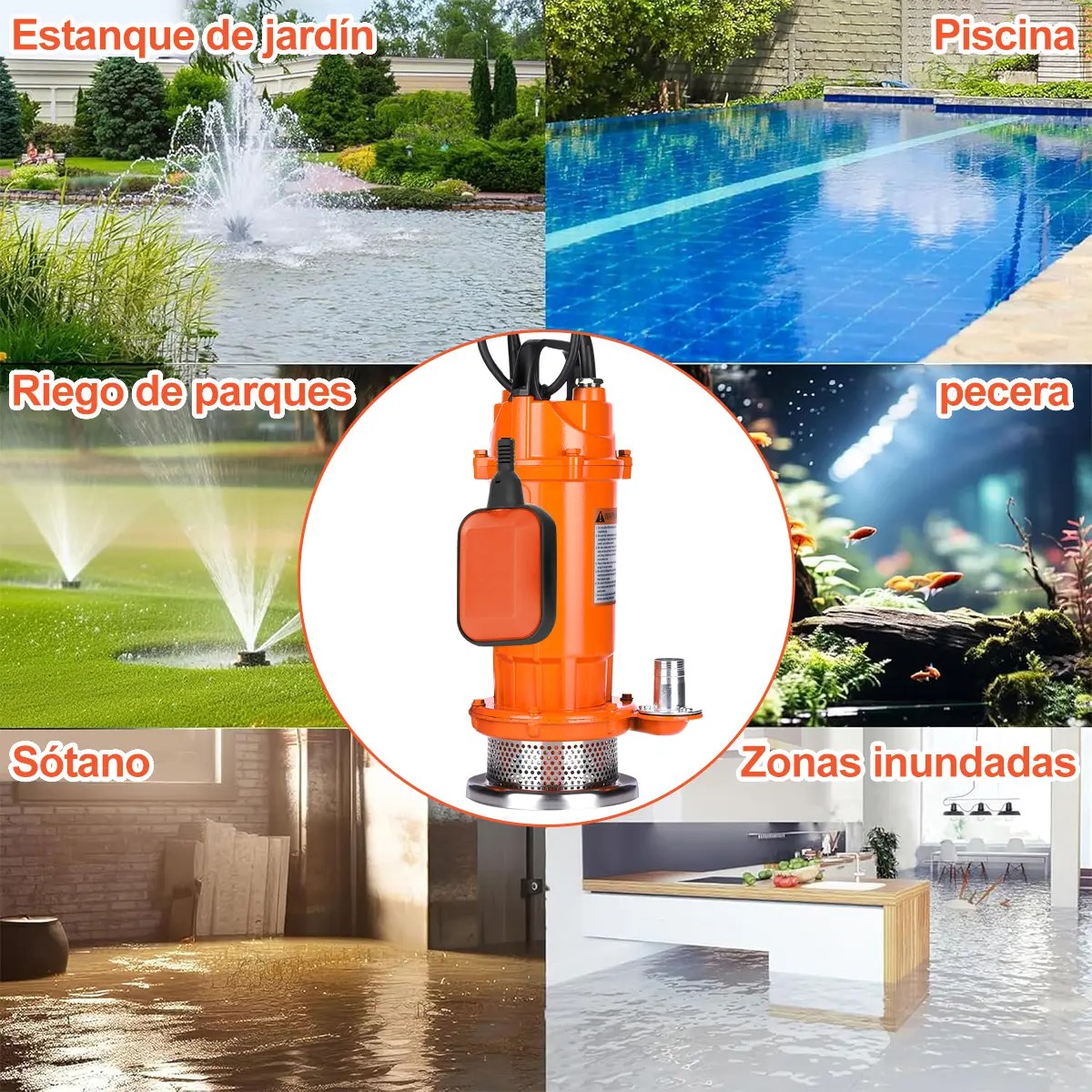 Bomba Sumergible Naranja 1.2HP 800W Agua Limpia/Sucia 250l/min 35m image number null