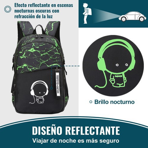Set 3 Mochila Antirrobo Laptop Mochila Luminosa Gran Capacid Negro verde. image number null