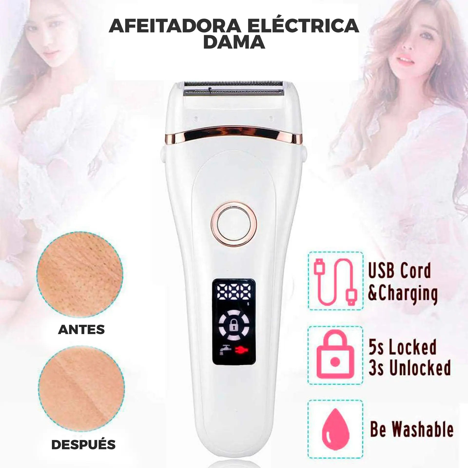 "M&aacute;quina De Afeitar El&eacute;ctrica Dama Bikini Recortadora Indolor blanca ralla Rosa Gold " image number null