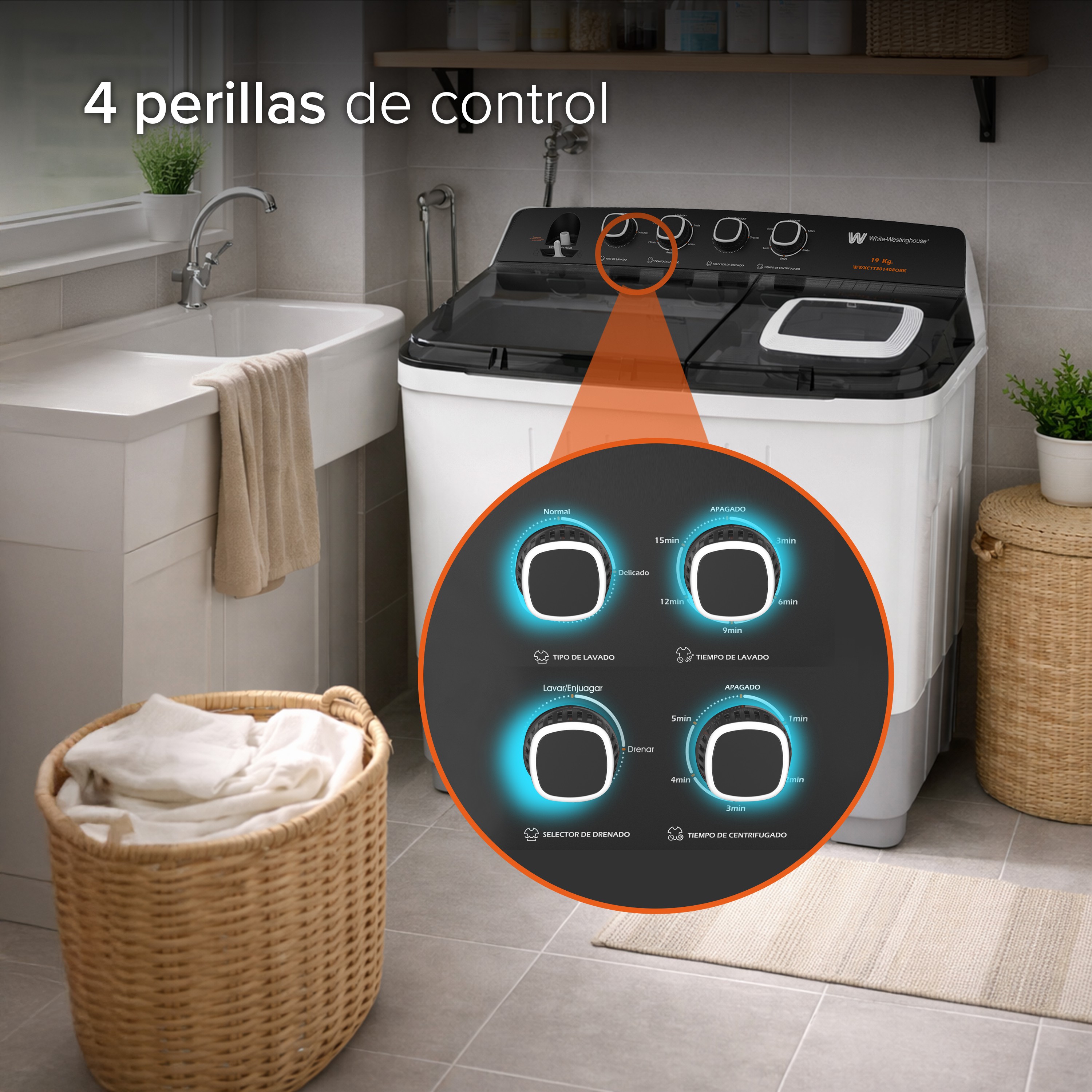 Lavadora doble tina | 19 kg White Westinghouse 4 niveles de agua 4 perillas de control Bajo consumo de energ&iacute;a image number null