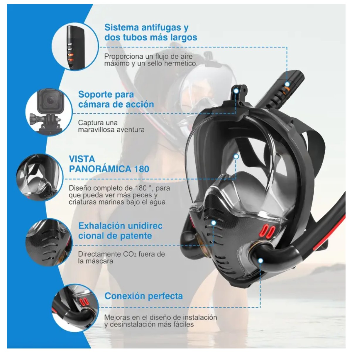 M&aacute;scara Snorkel Doble Tube Visi&oacute;n De 180&deg; Lentes Antiniebla Orange L/XL image number null