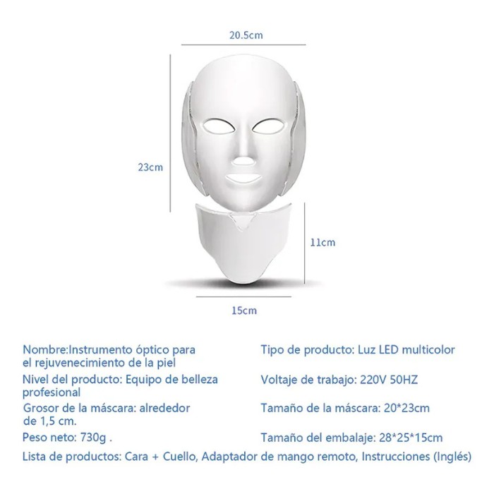 Mascara Facial LED 7 Colores para Cuidado Facial &middot; Terapia Lum&iacute;nica &middot; Antiedad &middot; Reafirmante &middot; Control Remoto Incluido image number null