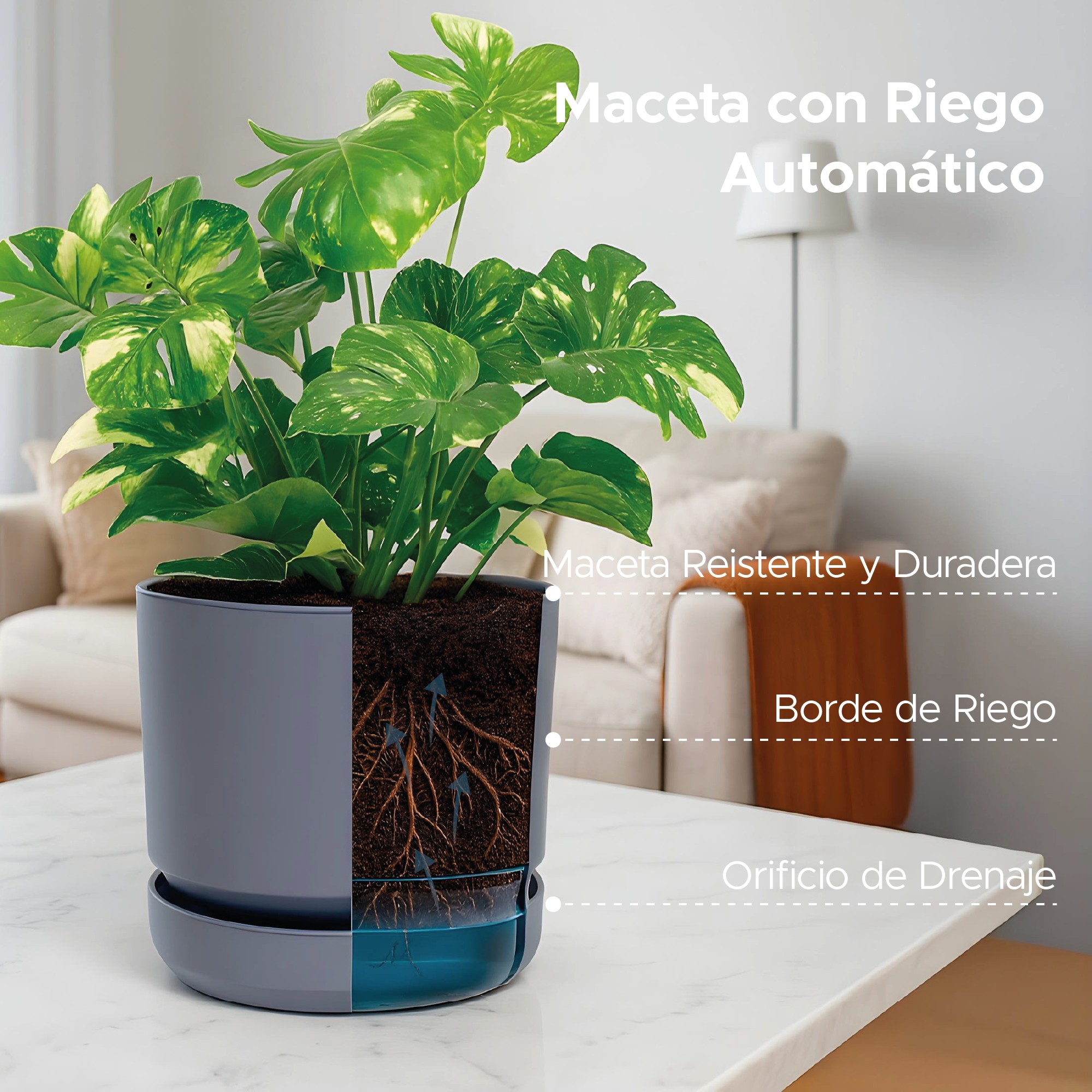 Maceta Elly Decor Set De 2 Para Interior y Exterior Con Plato y Drenaje 12 Pulgadas Gris image number null