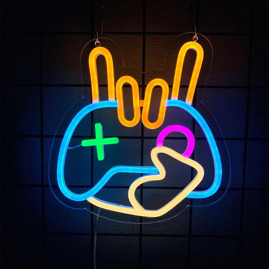 Letrero Ne&oacute;n LED Gamer Multicolor USB Game On Skull Gamepad Gaming Zone Pared Dormitorio Sala Juegos Regalo Gamer image number null