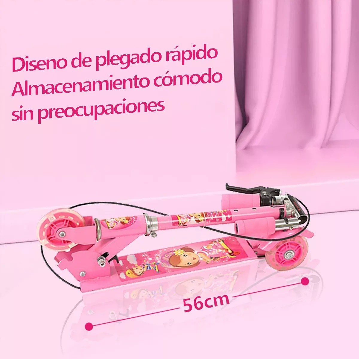 Patinete Infantil Plegable Ajustable De 3 Ruedas Con Luz Led Rosa. image number null