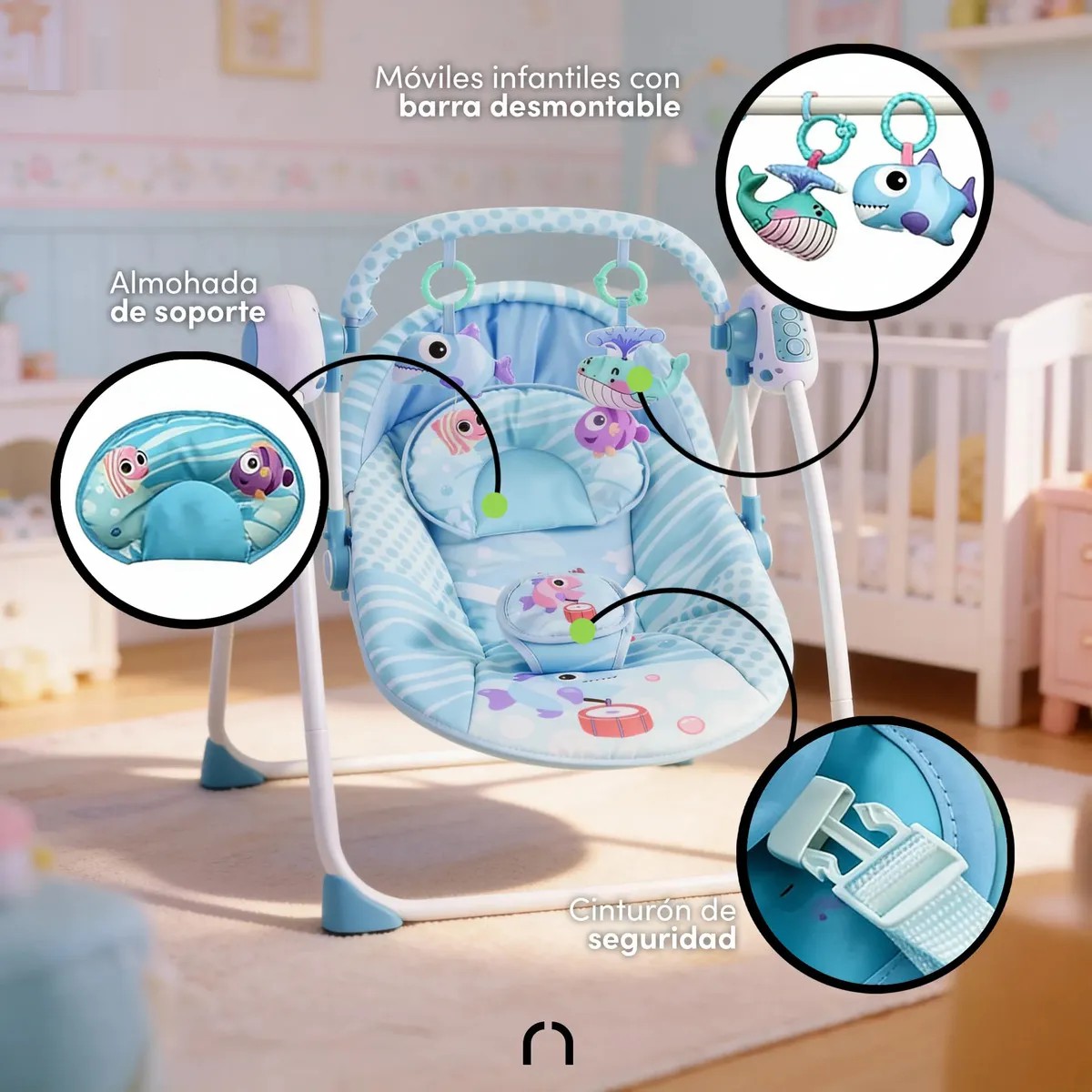 Silla Mecedora Para Bebes Columpio Control Remoto Mosquitero Azul image number null