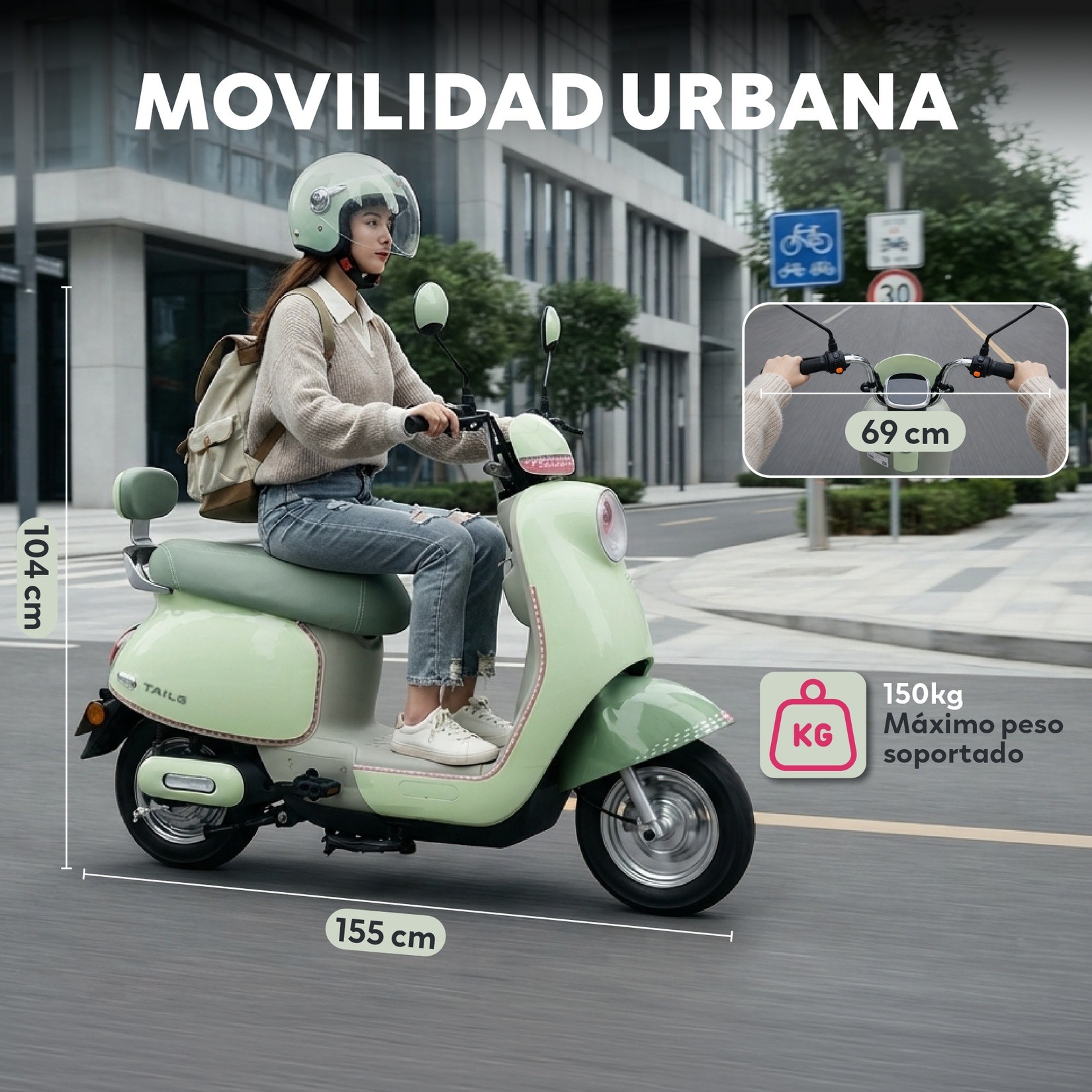 Moto El&eacute;ctrica TailG GR52 Verde con Autonom&iacute;a de 65 km Pantalla LED y Frenos de Tambor image number null