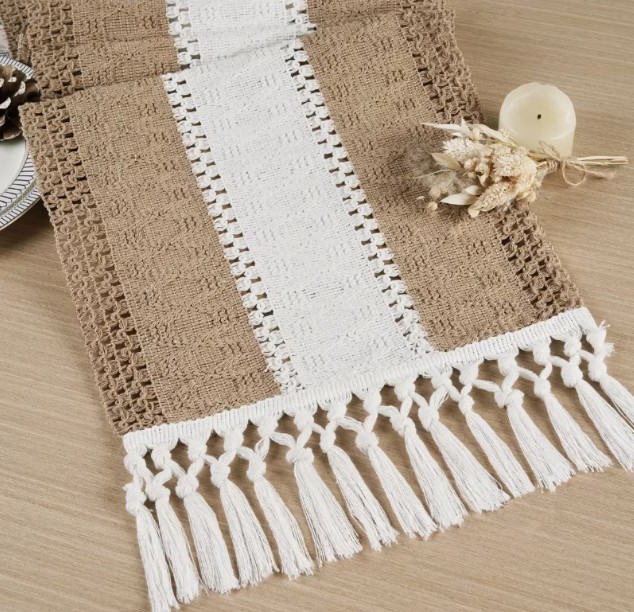 Camino de Mesa Tejido a Mano Marr&oacute;n con Borlas Vintage 183 x 30 cm image number null
