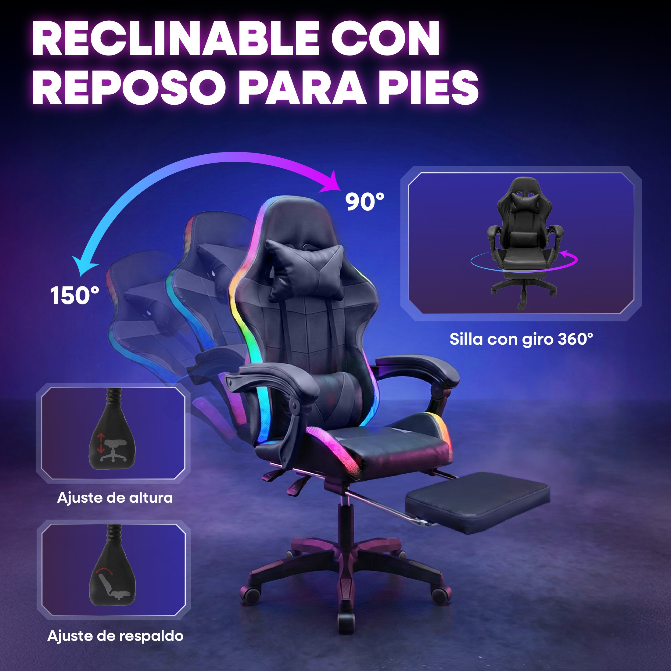 Silla Gamer Titano Negra con Reposapi&eacute;s Luz LED Reclinable 90&deg; a 150&deg; y Soporte Lumbar image number null