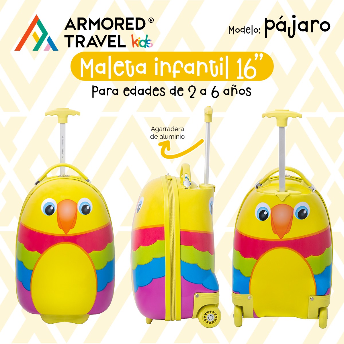 Maleta de viaje ni&ntilde;as ni&ntilde;os carry-on mochila r&iacute;gida infantil con ruedas 16 k&iacute;nder Preescolar usos m&uacute;ltiples Edades 2 a 6 a&ntilde;os Armored kids P&aacute;jaro. image number null