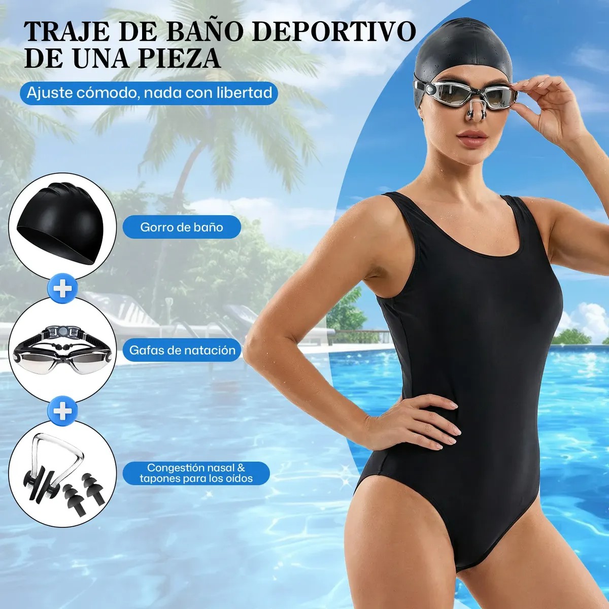 Traje De Ba&ntilde;o Deportivo Mujer Nataci&oacute;n Con Gorro Y Lentes Talla XL image number null