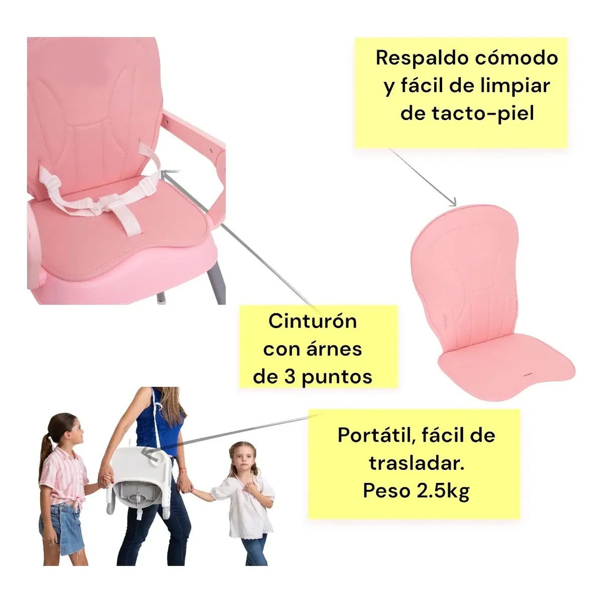 Silla Periquera Para Bebe Alta Plegable Port&aacute;til 3 En 1 Rosa image number null