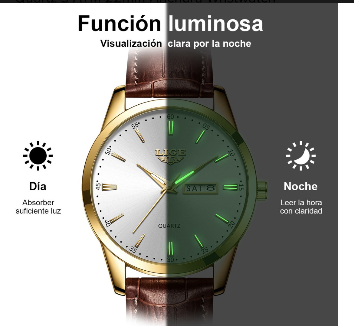 Reloj De Cuarzo Hombre Lige LG8970 Pulsera De Cuero Correa Marr&oacute;n Bisel Dorado Fondo Blanco Quartz 3 ATM 22mm Anchura Wristwatch image number null