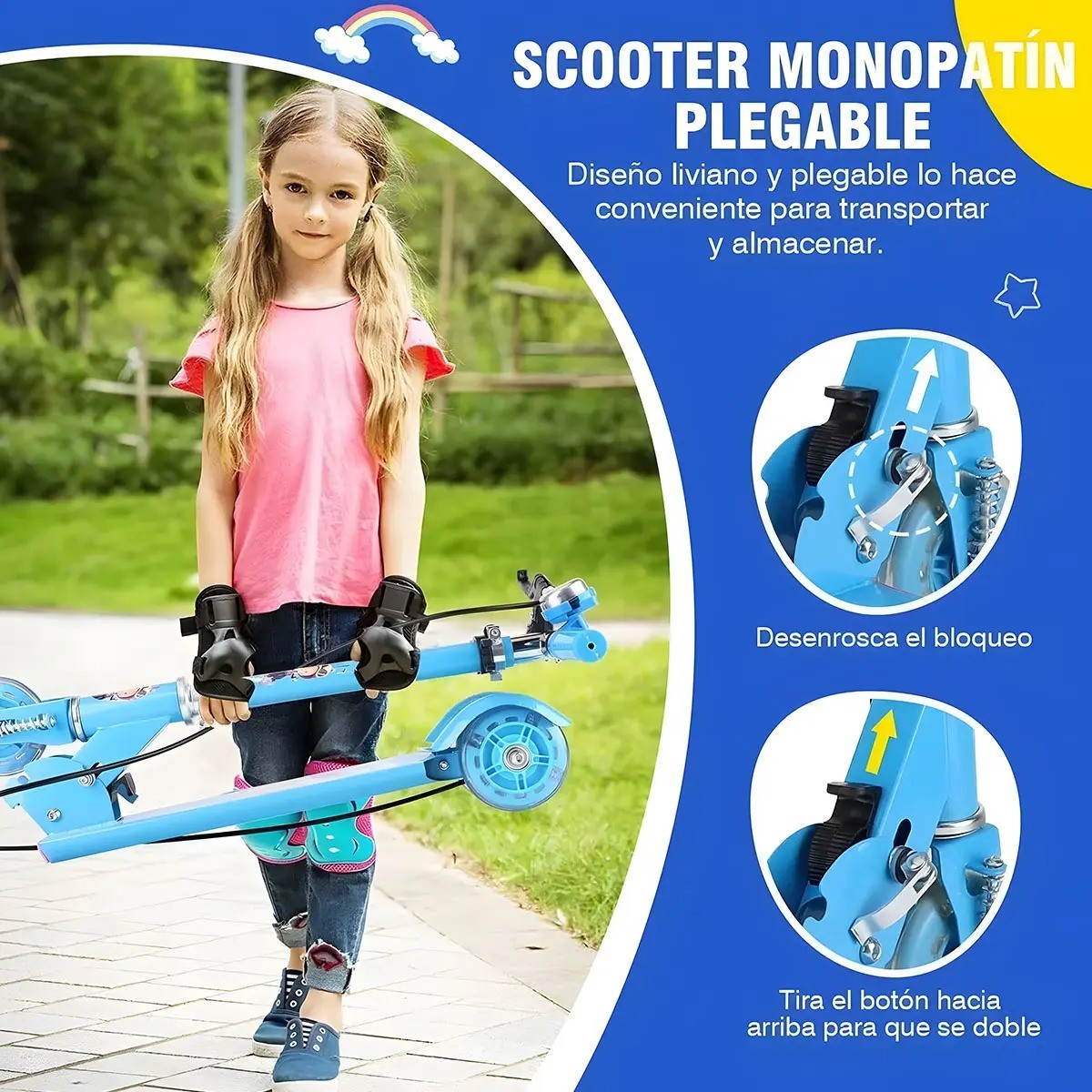 Patinete Infantil Plegable Ajustable De 3 Ruedas Con Luz Led ROSA FIUSHA image number null